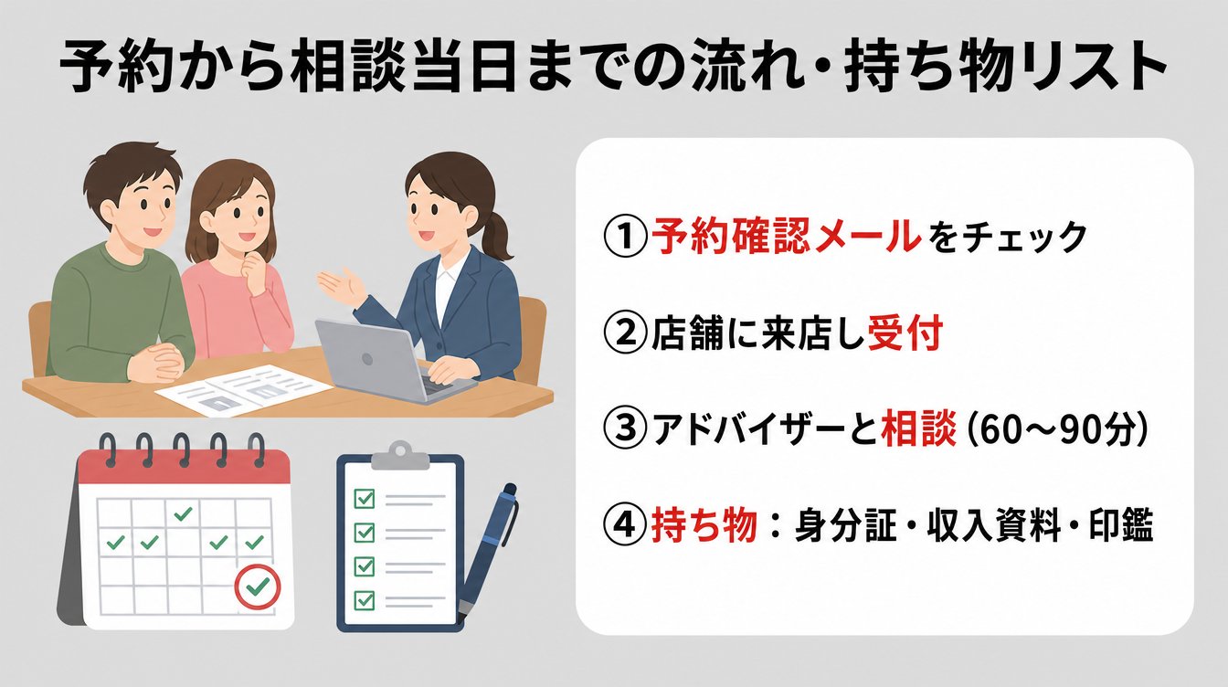 予約から相談当日までの流れ・持ち物リスト