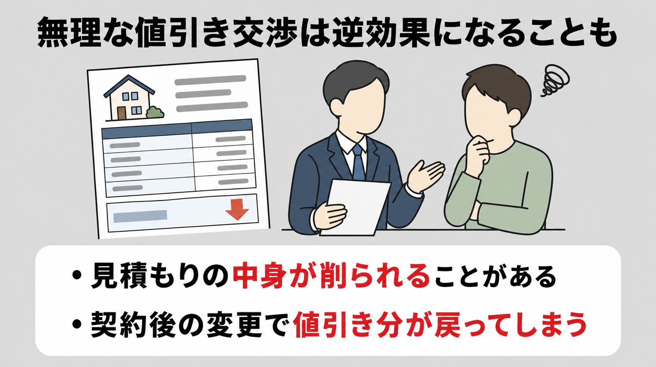 無理な値引き交渉は逆効果になることも｜・見積もりの中身が削られることがある・・契約後の変更で値引き分が戻ってしまう