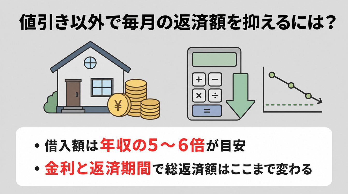 値引き以外で毎月の返済額を抑えるには？｜・借入額は年収の5〜6倍が目安・・金利と返済期間で総返済額はここまで変わる
