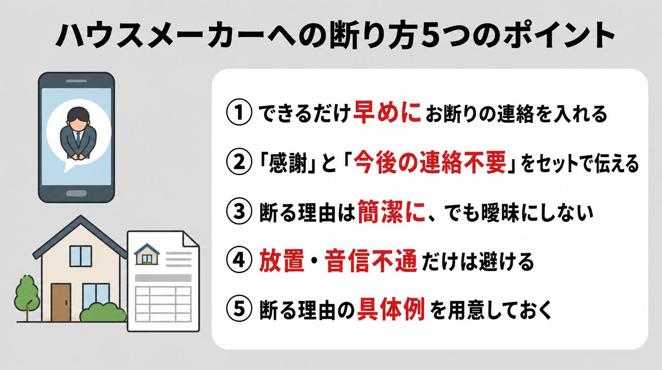 ハウスメーカーへの断り方5つのポイント|①できるだけ早めにお断りの連絡を入れる・②「感謝」と「今後の連絡不要」をセットで伝える・③断る理由は簡潔に、でも曖昧にしない・④放置・音信不通だけは避ける・⑤断る理由の具体例を用意しておく