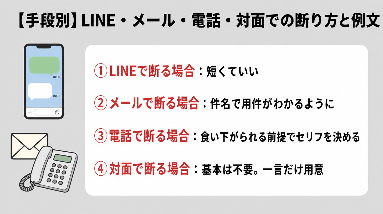 【手段別】LINE・メール・電話・対面での断り方と例文|①LINEで断る場合:短くていい・②メールで断る場合:件名で用件がわかるように・③電話で断る場合:食い下がられる前提でセリフを決める・④対面で断る場合:基本は不要。一言だけ用意
