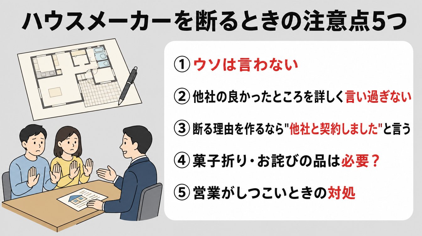 ハウスメーカーを断るときの注意点5つ|①ウソは言わない・②他社の良かったところを詳しく言い過ぎない・③断る理由を作るなら