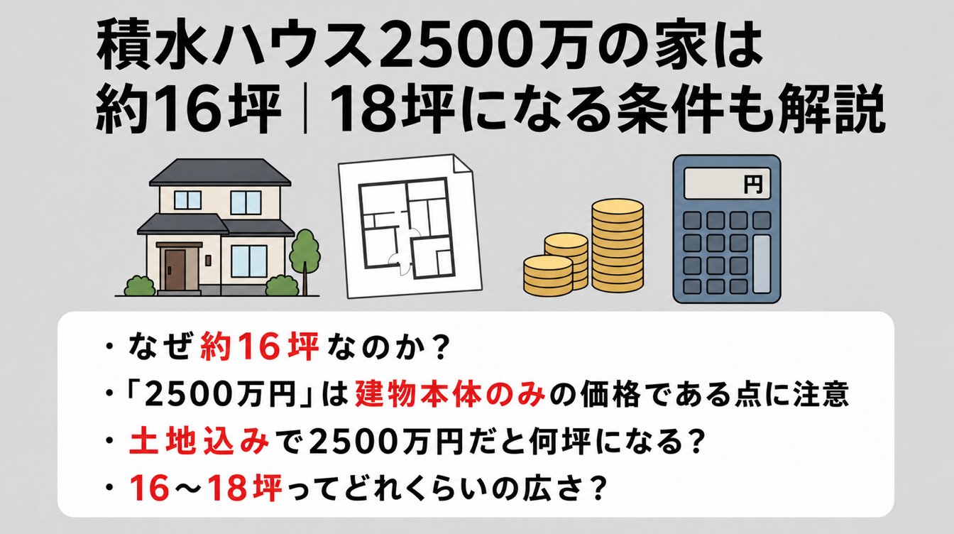積水ハウス2500万の家は約16坪|18坪になる条件も解説|・なぜ約16坪なのか?・・「2500万円」は建物本体のみの価格である点に注意・・土地込みで2500万円だと何坪になる?・・16〜18坪ってどれくらいの広さ?