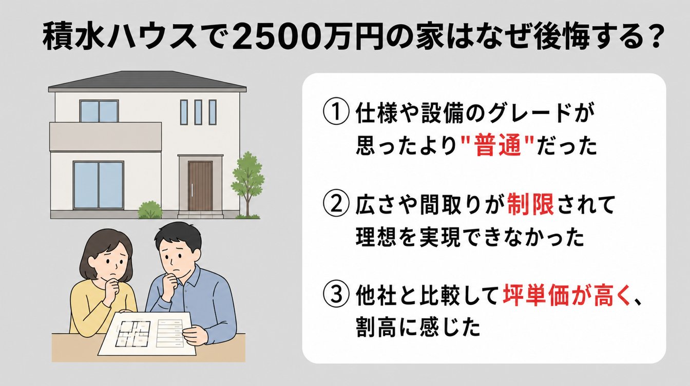 積水ハウスで2500万円の家はなぜ後悔する?|①仕様や設備のグレードが思ったより"普通"だった・②広さや間取りが制限されて理想を実現できなかった・③他社と比較して坪単価が高く、割高に感じた