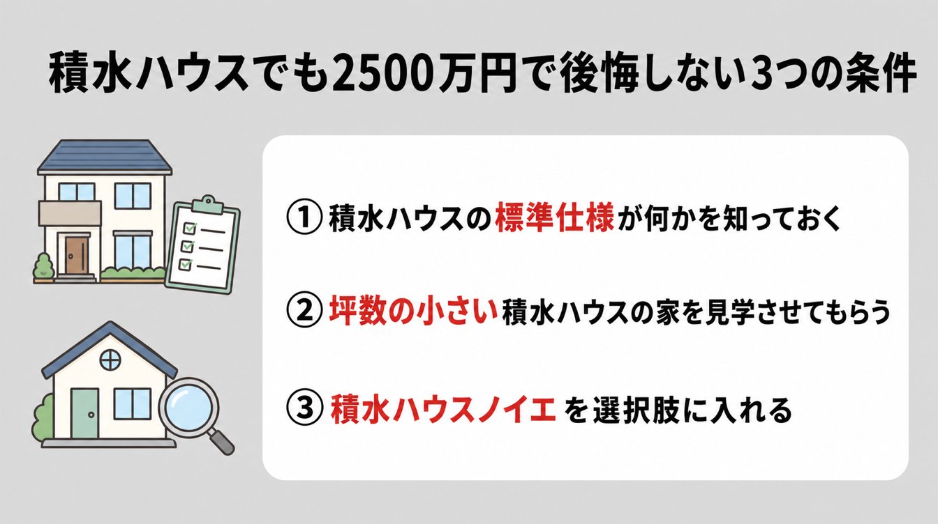 積水ハウスでも2500万円で後悔しない3つの条件|①積水ハウスの標準仕様が何かを知っておく・②坪数の小さい積水ハウスの家を見学させてもらう・③積水ハウスノイエを選択肢に入れる
