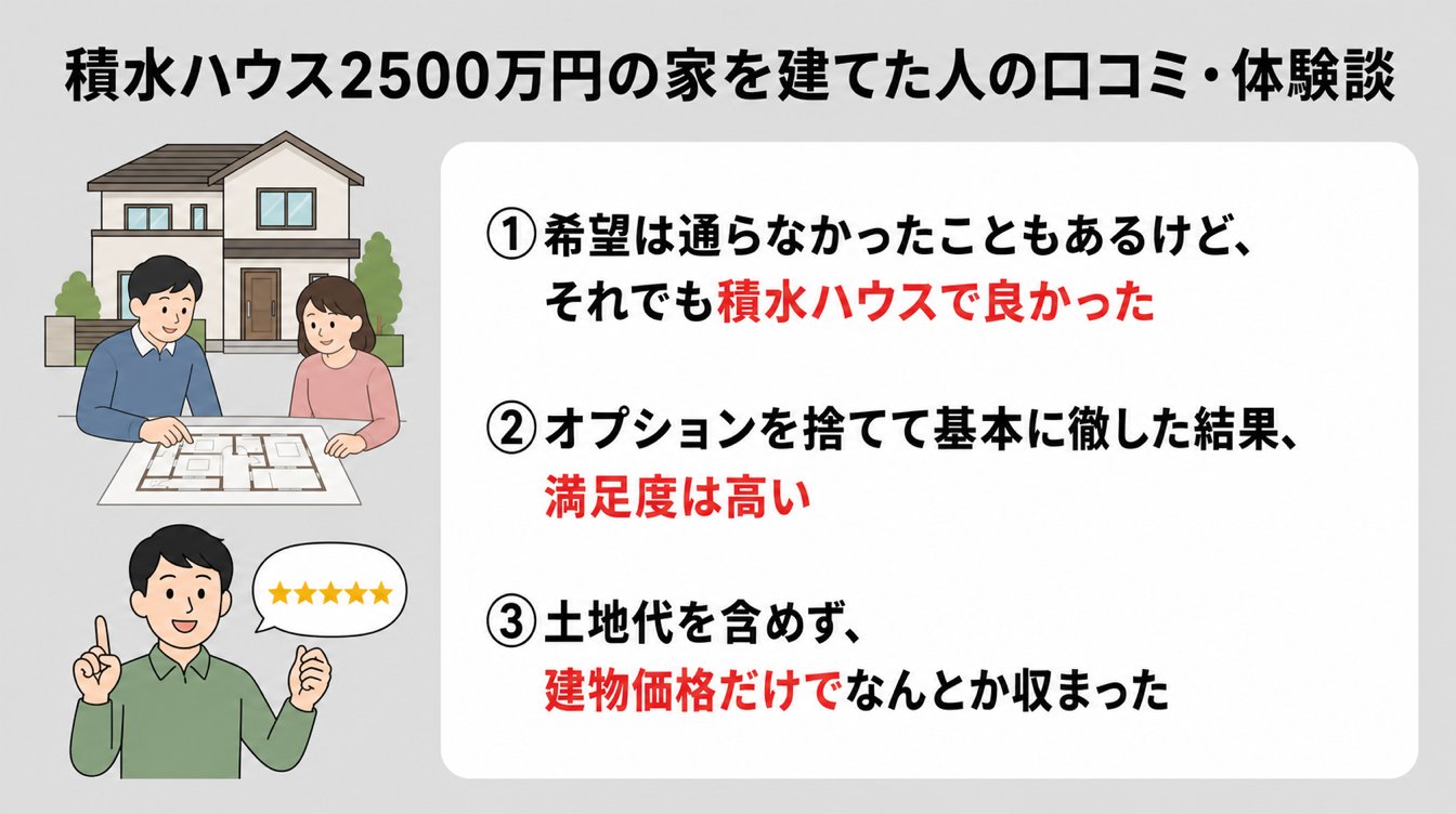 積水ハウス2500万円の家を建てた人の口コミ・体験談|①希望は通らなかったこともあるけど、それでも積水ハウスで良かった・②オプションを捨てて基本に徹した結果、満足度は高い・③土地代を含めず、建物価格だけでなんとか収まった