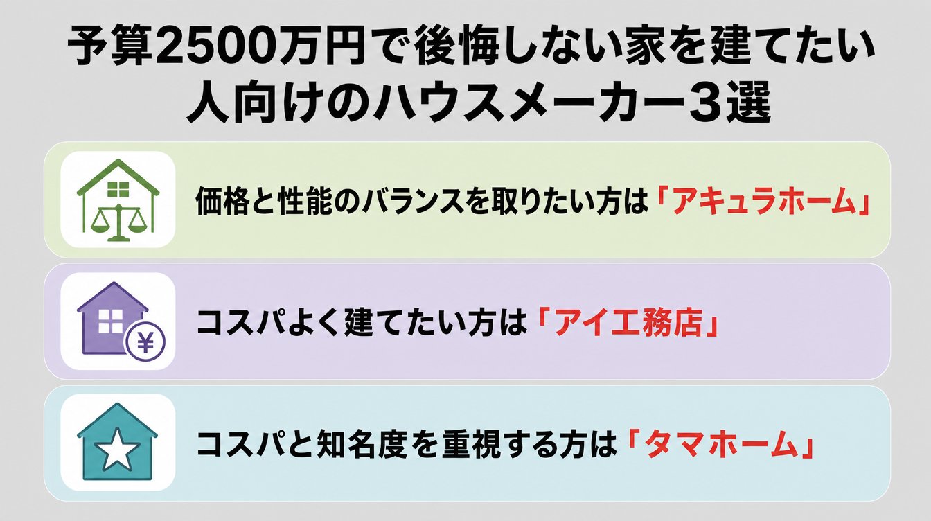 予算2500万円で後悔しない家を建てたい人向けのハウスメーカー3選|価格と性能のバランスを取りたい方は「アキュラホーム」・コスパよく建てたい方は「アイ工務店」・コスパと知名度を重視する方は「タマホーム」