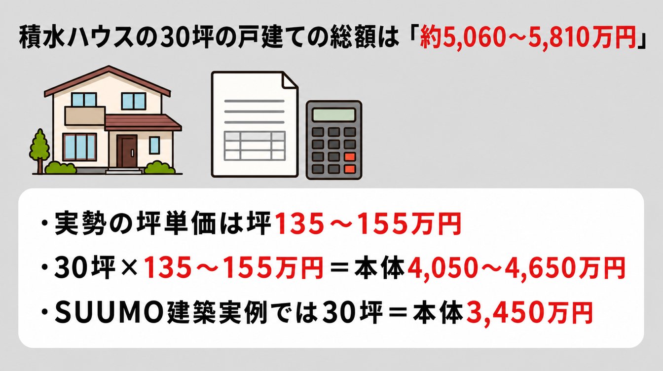積水ハウスの30坪の戸建ての総額は「約5,060〜5,810万円」｜・実勢の坪単価は坪135〜155万円・・30坪×135〜155万円＝本体4,050〜4,650万円・・SUUMO建築実例では30坪＝本体3,450万円