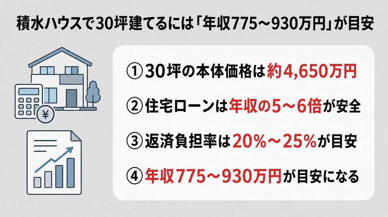 積水ハウスで30坪建てるには「年収775〜930万円」が目安｜①30坪の本体価格は約4,650万円・②住宅ローンは年収の5〜6倍が安全・③返済負担率は20%〜25%が目安・④年収775〜930万円が目安になる