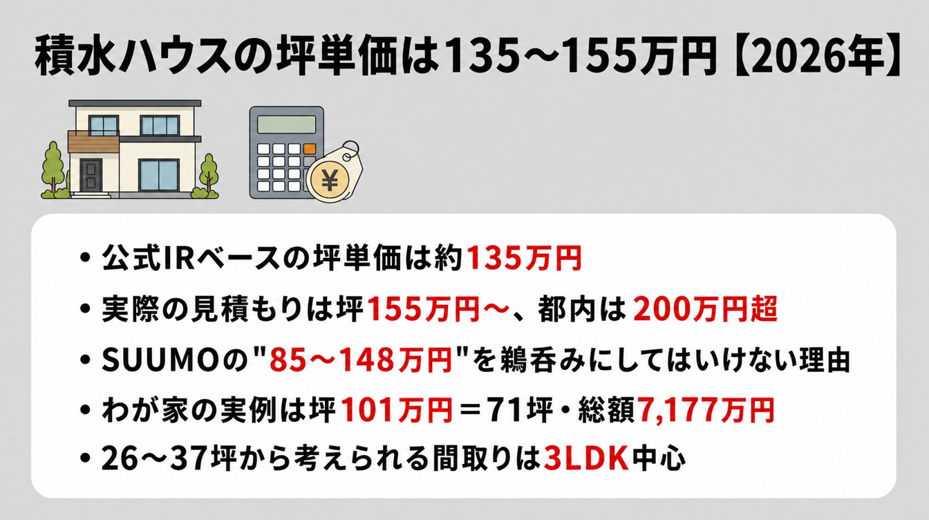 積水ハウスの坪単価は135〜155万円【2026年】|・公式IRベースの坪単価は約135万円・・実際の見積もりは坪155万円〜、都内は200万円超・・SUUMOの"85〜148万円"を鵜呑みにしてはいけない理由・・わが家の実例は坪101万円=71坪・総額7,177万円・・26〜37坪から考えられる間取りは3LDK中心