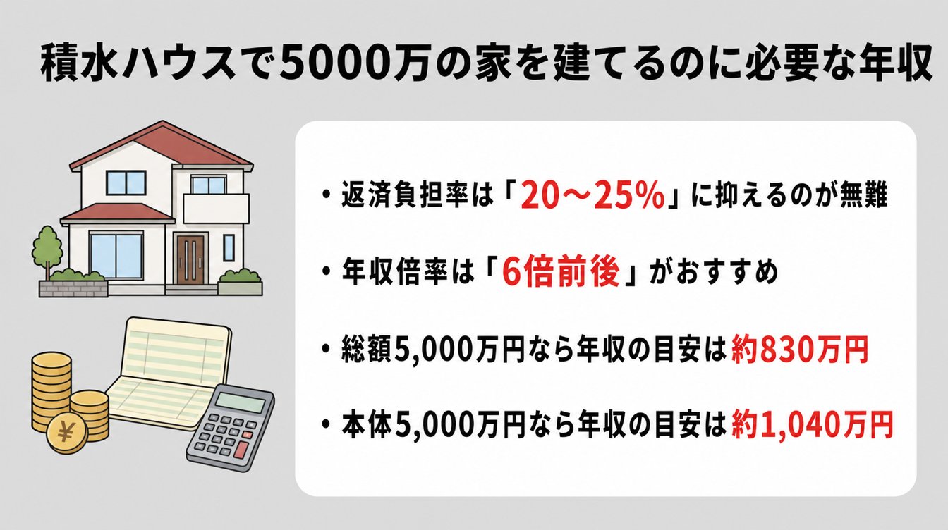 積水ハウスで5000万の家を建てるのに必要な年収|・返済負担率は「20〜25%」に抑えるのが無難・・年収倍率は「6倍前後」がおすすめ・・総額5,000万円なら年収の目安は約830万円・・本体5,000万円なら年収の目安は約1,040万円