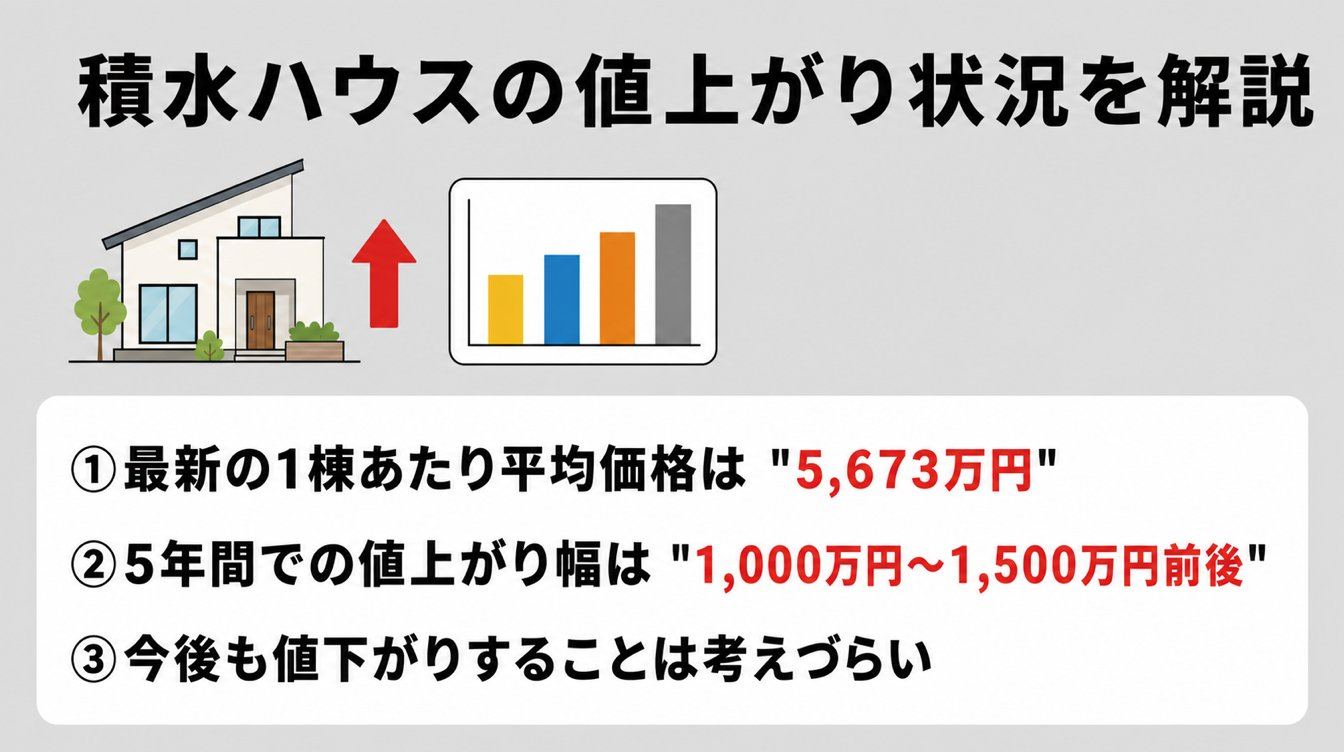 積水ハウスの値上がり状況を解説|①最新の1棟あたり平均価格は "5,673万円"・②5年間での値上がり幅は "1,000万円~1,500万円前後"・③今後も値下がりすることは考えづらい