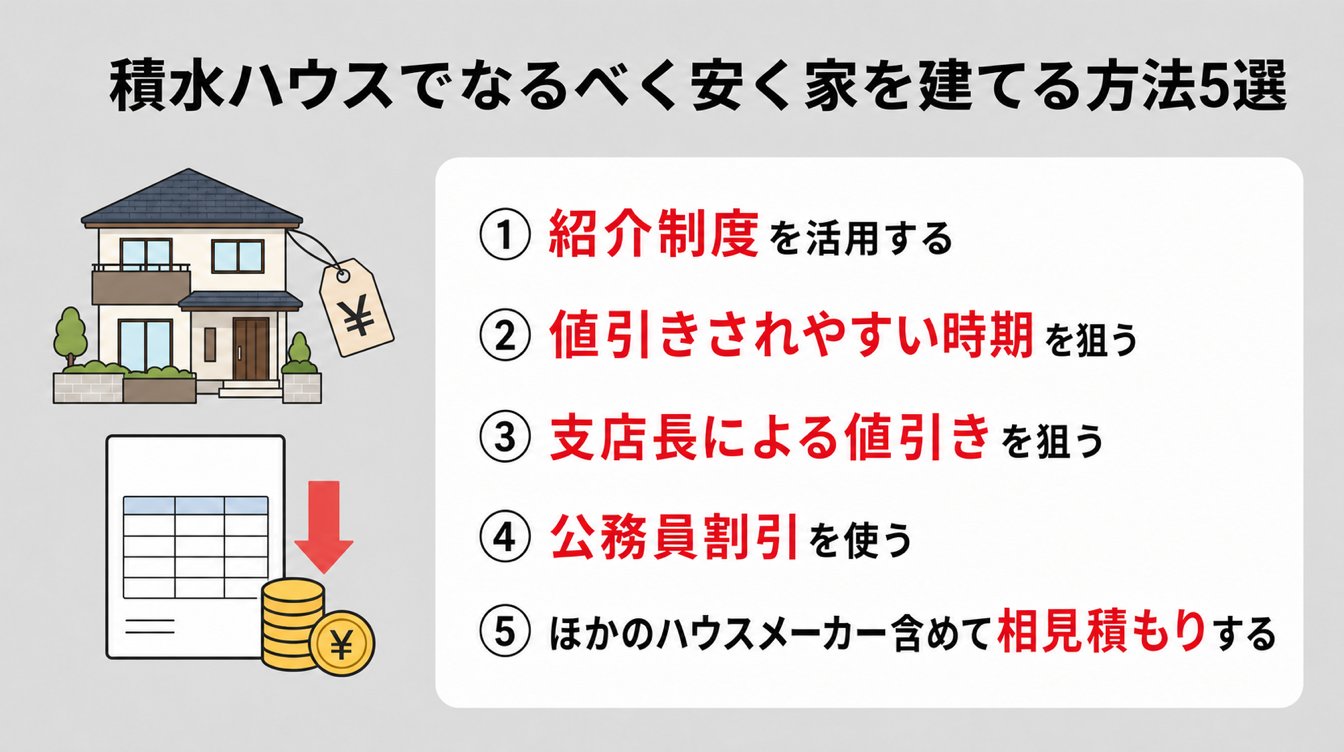 積水ハウスでなるべく安く家を建てる方法5選|①紹介制度を活用する・②値引きされやすい時期を狙う・③支店長による値引きを狙う・④公務員割引を使う・⑤ほかのハウスメーカー含めて相見積もりする