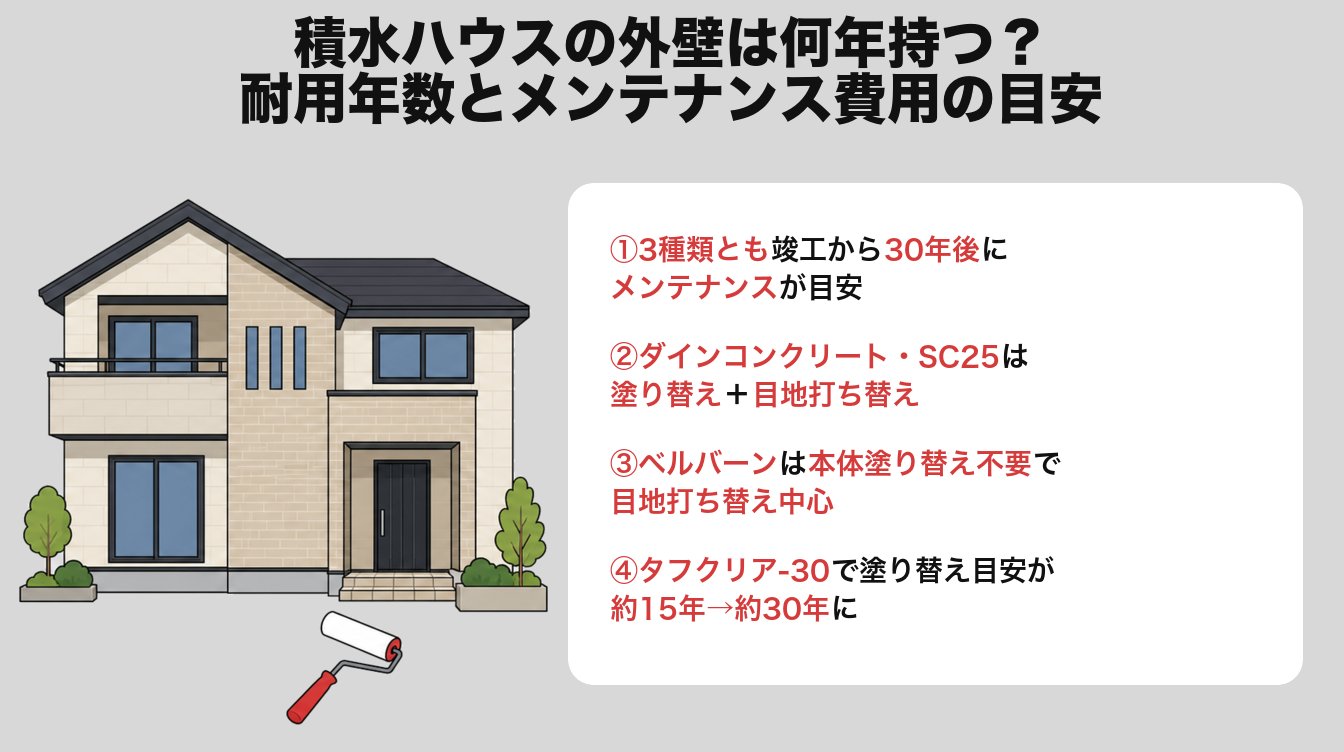 積水ハウスの外壁は何年持つ?耐用年数とメンテナンス費用の目安|①3種類とも竣工から30年後にメンテナンスが目安・②ダインコンクリート・SC25は塗り替え+目地打ち替え・③ベルバーンは本体塗り替え不要で目地打ち替え中心・④タフクリア-30で塗り替え目安が約15年→約30年に