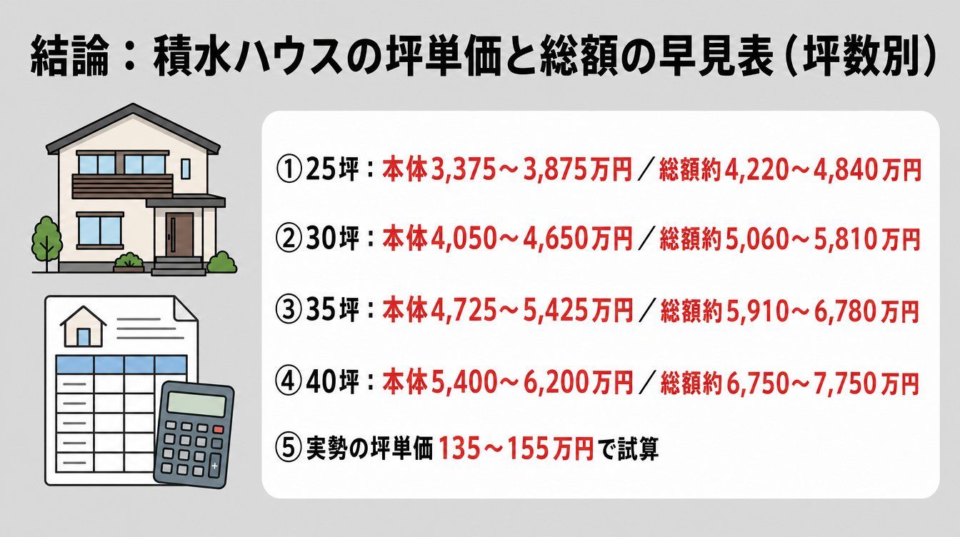 結論：積水ハウスの坪単価と総額の早見表（坪数別）