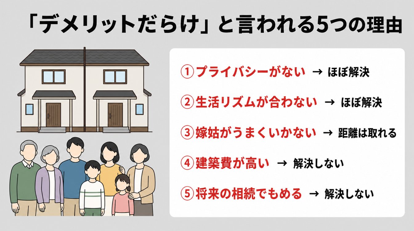 「二世帯住宅はデメリットだらけ」と言われる5つの理由を、完全分離型で解決できるかどうかで整理した図解