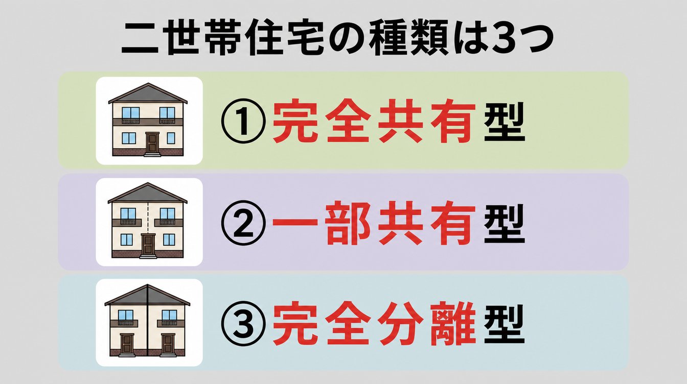 二世帯住宅の3つの種類（完全共有型・一部共有型・完全分離型）を並べて比べた図解