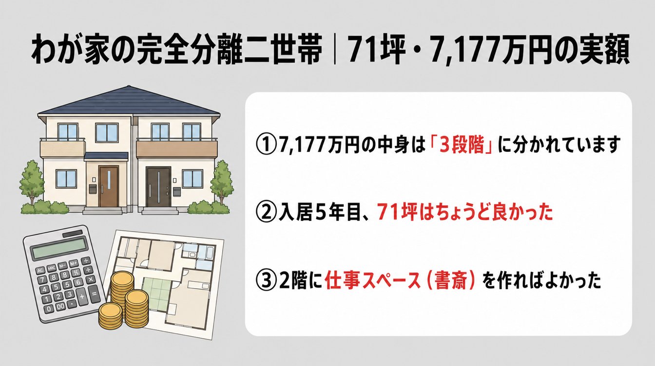 わが家の完全分離二世帯住宅、延床71坪・7,177万円の実額と5年目の実感をまとめた図解