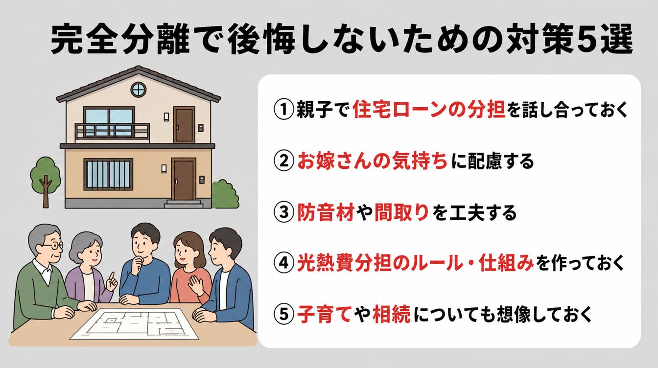 完全分離の二世帯住宅で後悔しないための対策5選をまとめた図解