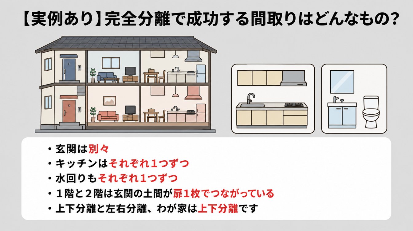 完全分離で成功しやすい間取りの特徴を、上下分離のわが家の実例で示した図解