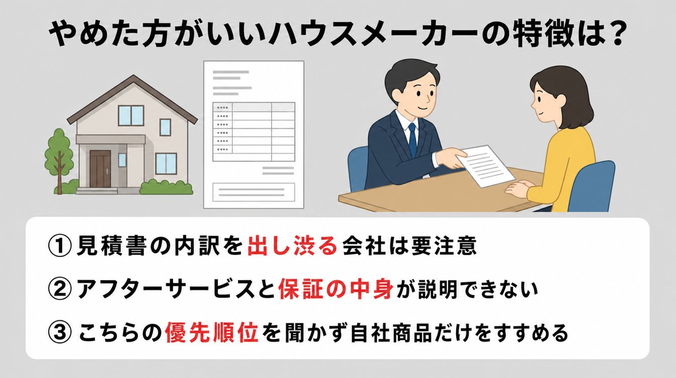 やめた方がいいハウスメーカーの特徴は？診断より先に見たい3つのポイント