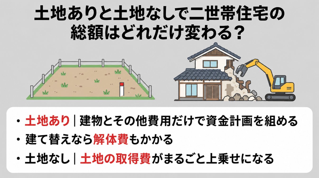 土地ありと土地なしで二世帯住宅の総額はどれだけ変わる?