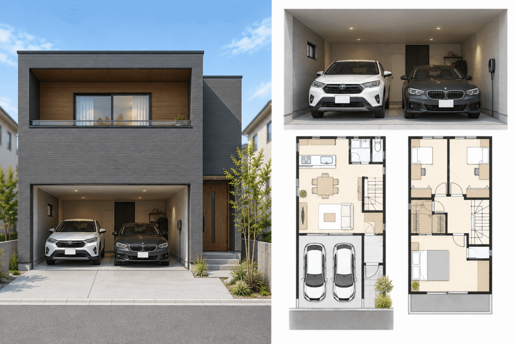 ビルトインガレージ|駐車場2台分を建物の中に取り込む形