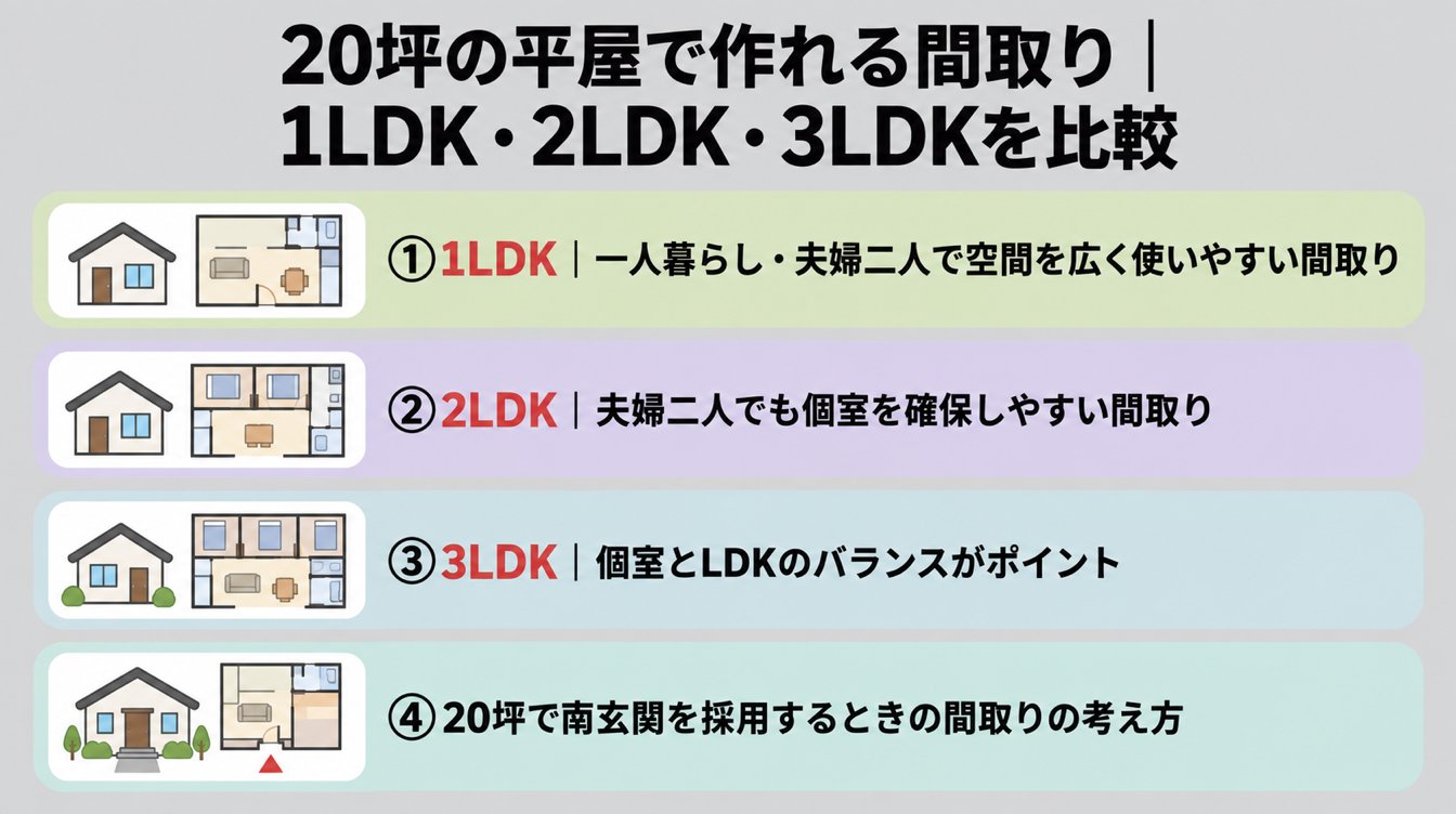 20坪の平屋で作れる間取り｜1LDK・2LDK・3LDKを比較