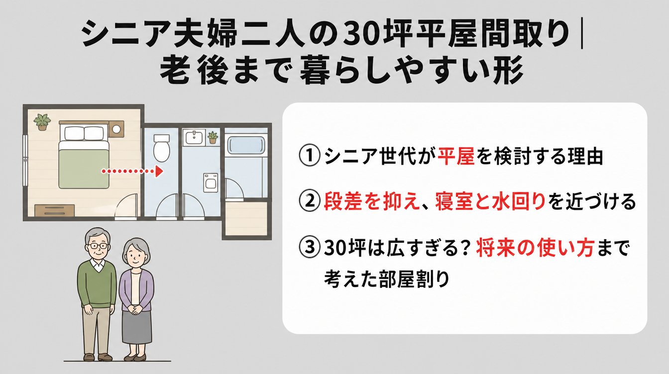 シニア夫婦二人の30坪平屋間取り｜老後まで暮らしやすい形