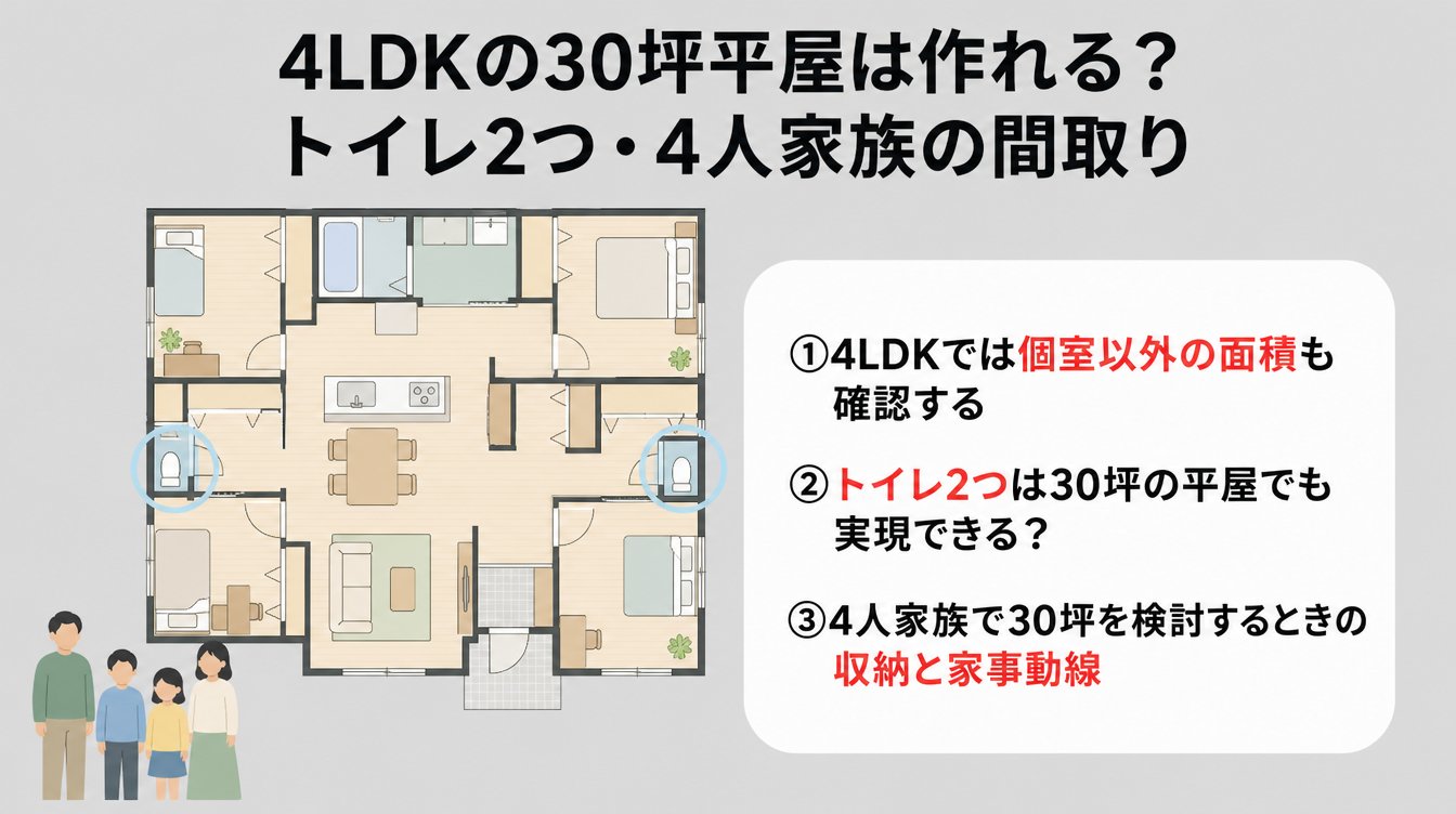 4LDKの30坪平屋は作れる？トイレ2つ・4人家族の間取り