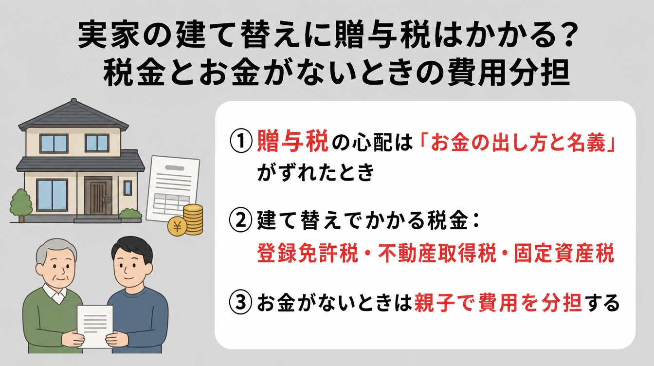 実家の建て替えに贈与税はかかる？税金とお金がないときの費用分担