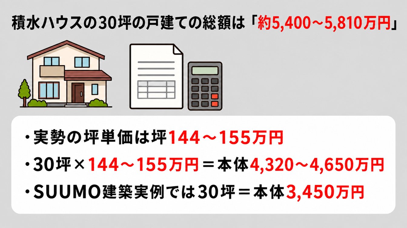 積水ハウスの30坪の戸建ての総額は「約5,400〜5,810万円」|・実勢の坪単価は坪144〜155万円・・30坪×144〜155万円=本体4,320〜4,650万円・・SUUMO建築実例では30坪=本体3,450万円