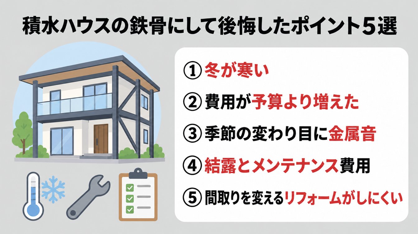 積水ハウスの鉄骨にして後悔したポイント5選|冬が寒い・費用が予算より増えた・季節の変わり目に金属音・結露とメンテナンス費用・間取りを変えるリフォームがしにくい