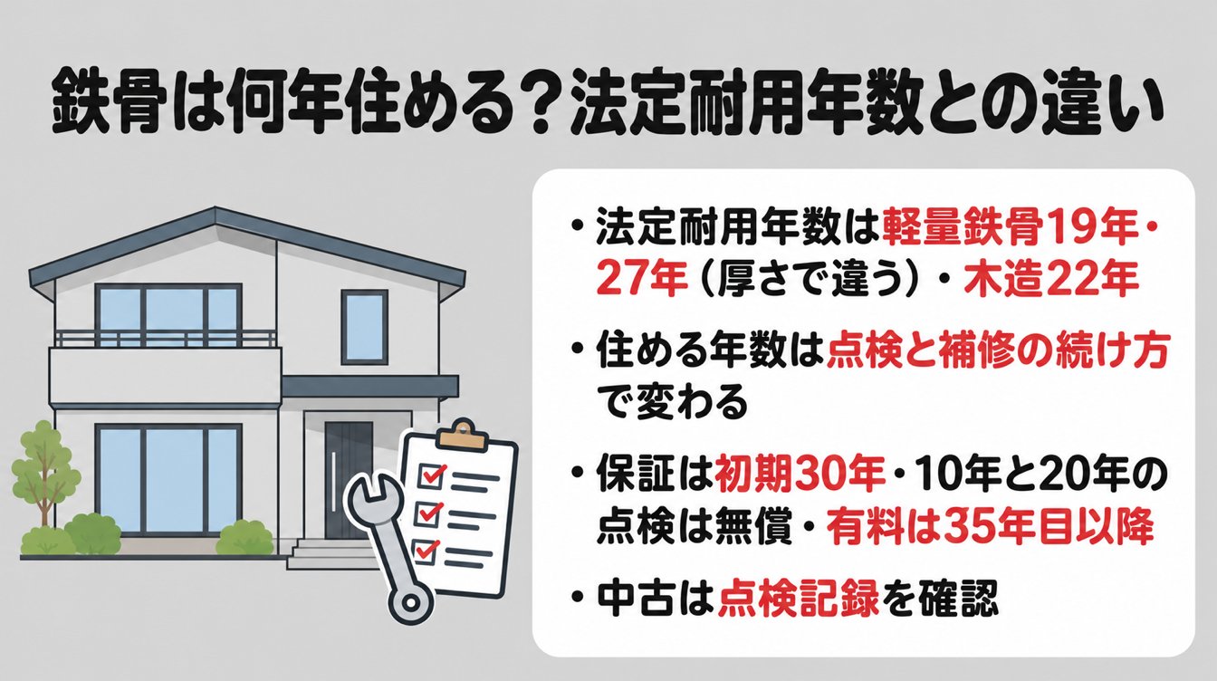 鉄骨は何年住める?法定耐用年数との違い|法定耐用年数は軽量鉄骨19年・27年(厚さで違う)・木造22年・住める年数は点検と補修の続け方で変わる・保証は初期30年で10年と20年の点検は無償・中古は点検記録を確認