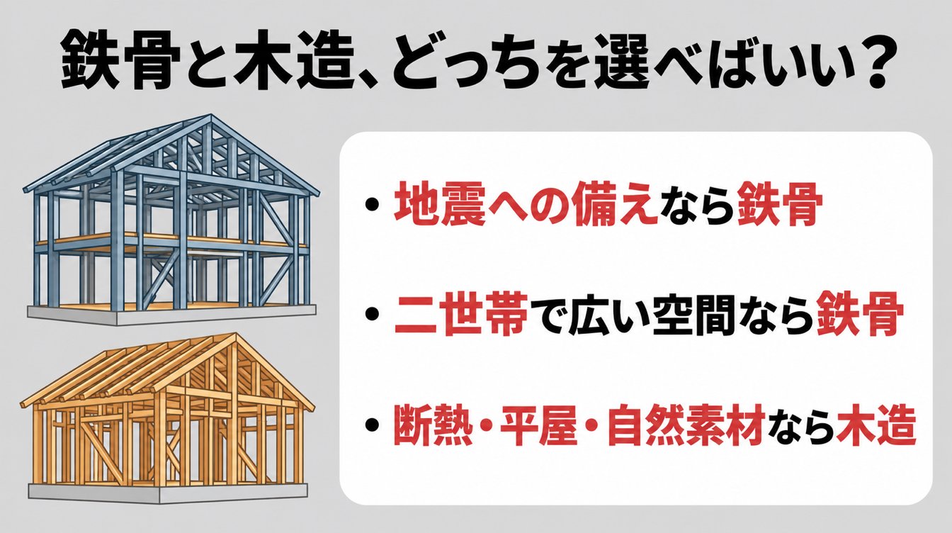 鉄骨と木造、どっちを選べばいい?|地震への備えなら鉄骨・二世帯で広い空間なら鉄骨・断熱・平屋・自然素材なら木造
