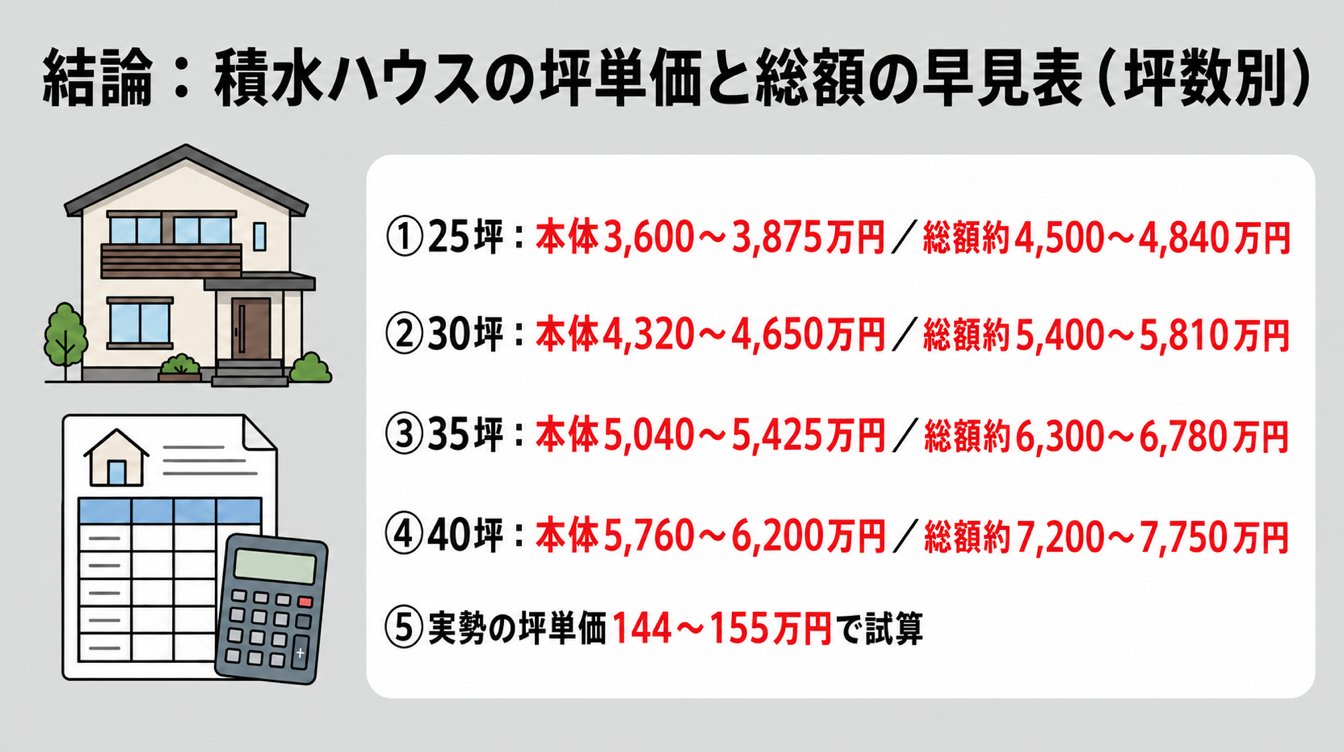 結論:積水ハウスの坪単価と総額の早見表(坪数別)